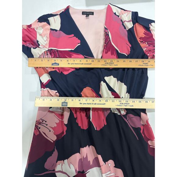 Lane Bryant Floral Faux Wrap Midi Dress Size 14 Navy Pink Asymmetrical Hem - Picture 3 of 8
